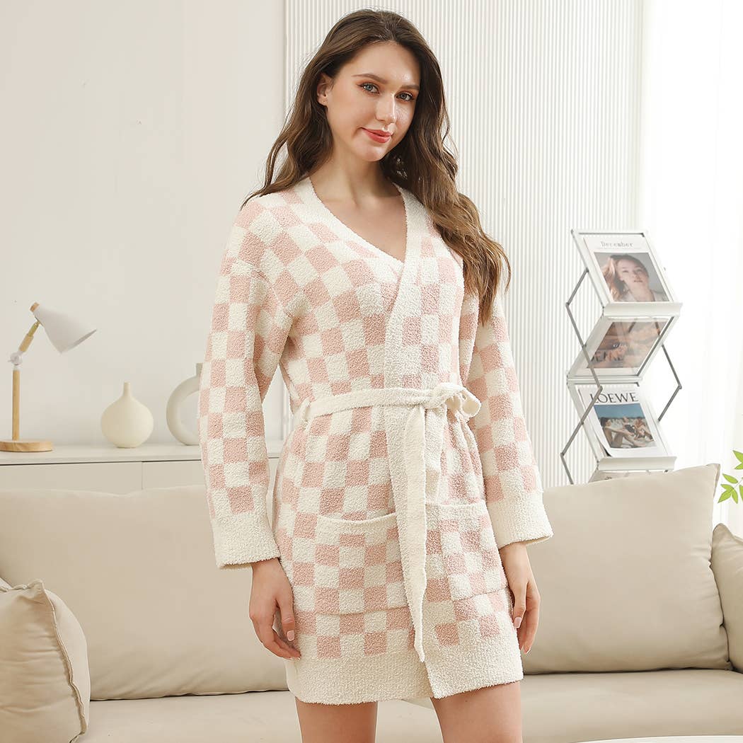Cozy Checkered Robe with Pocket & Belt : BEIGE / ONE SIZE