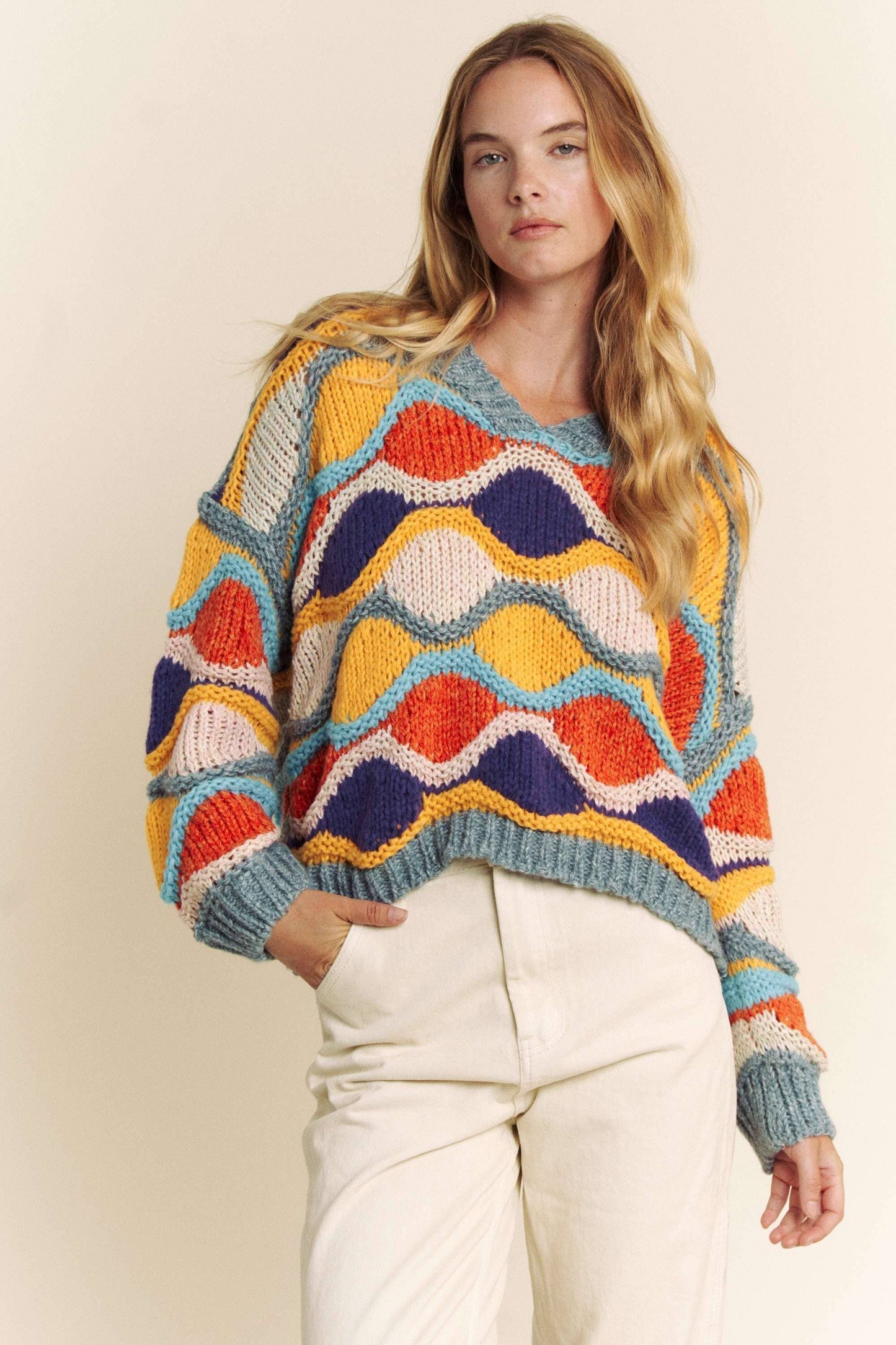 V NECK LONG SLEEVE MULTI COLOR SWEATER TOP: MULTI / S