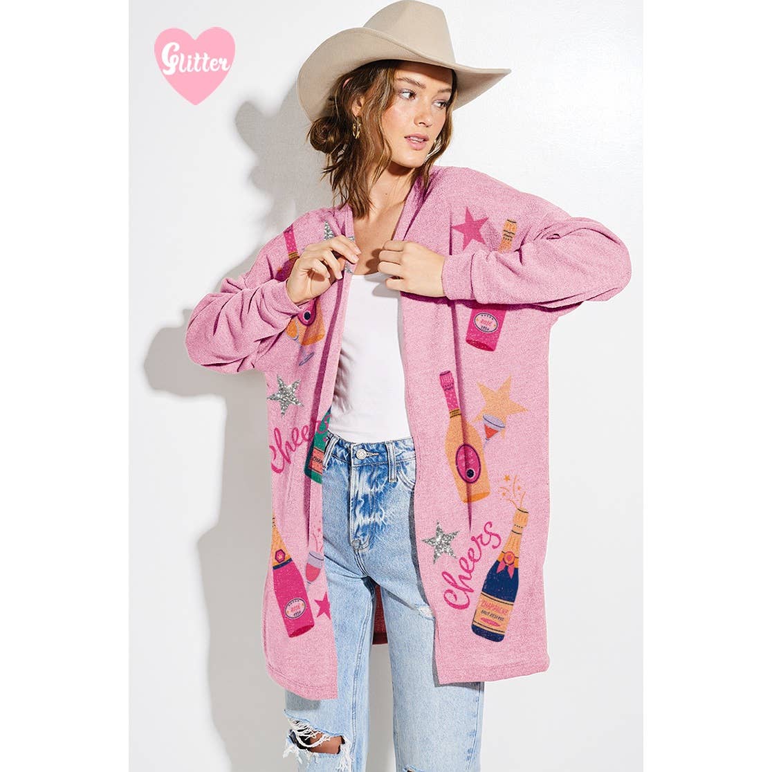 Holiday Cheers Glitter print Knit Cardigan: KHAKI / L