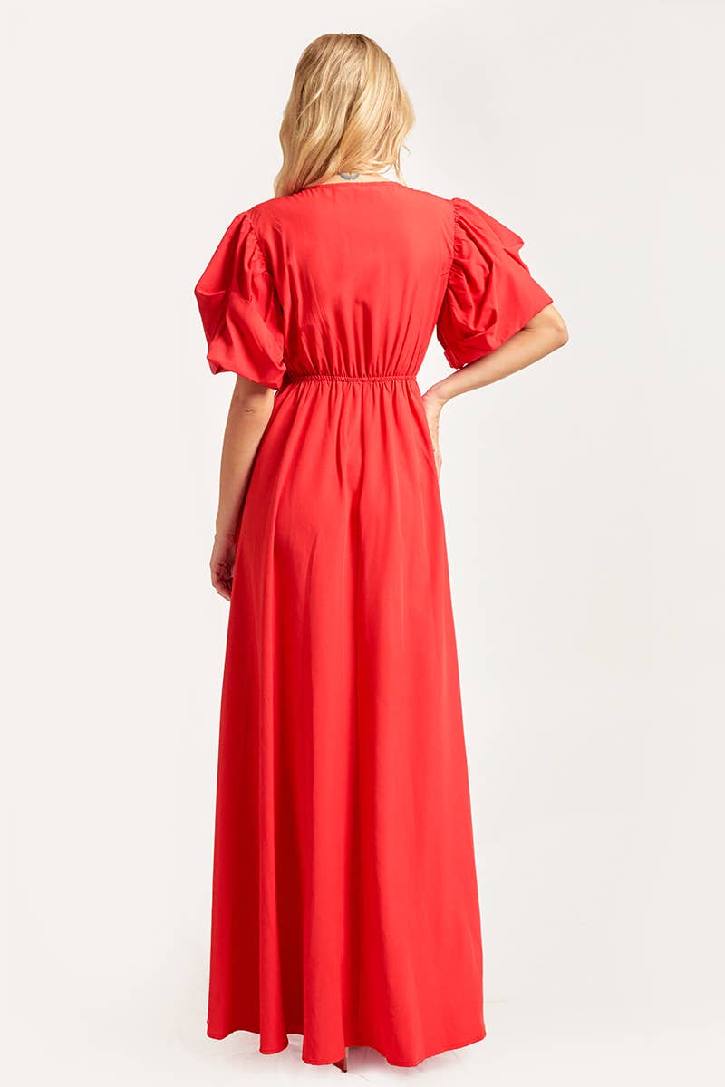 V NECK MAXI DRESS WITH PUFF SLEEVES: Green