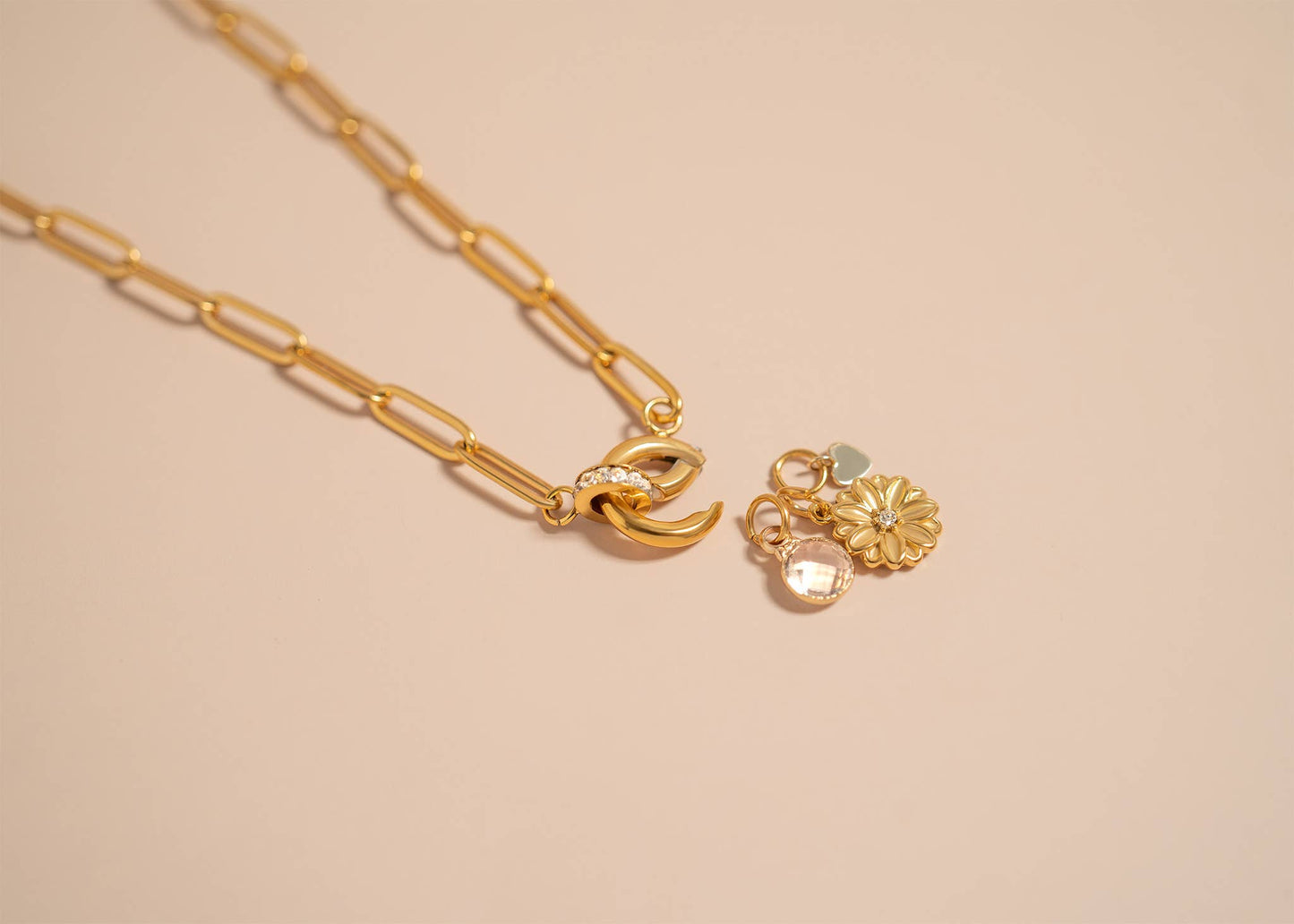 18K Gold PVD Paperclip Rhinestone Charm Holder Necklace: Gold