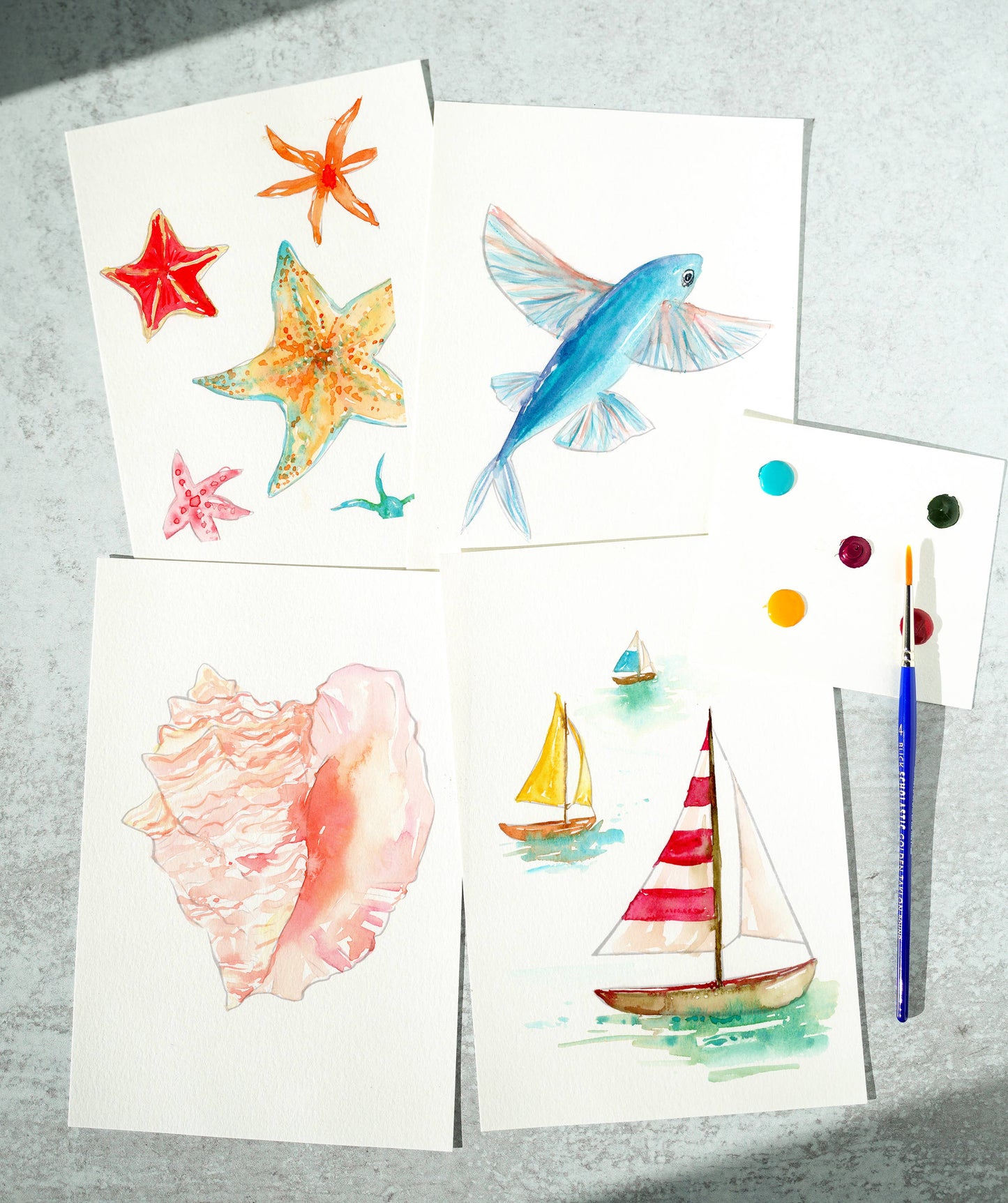 Watercolor Painting Kit: Seashores, Outlined Sea Life & Sail