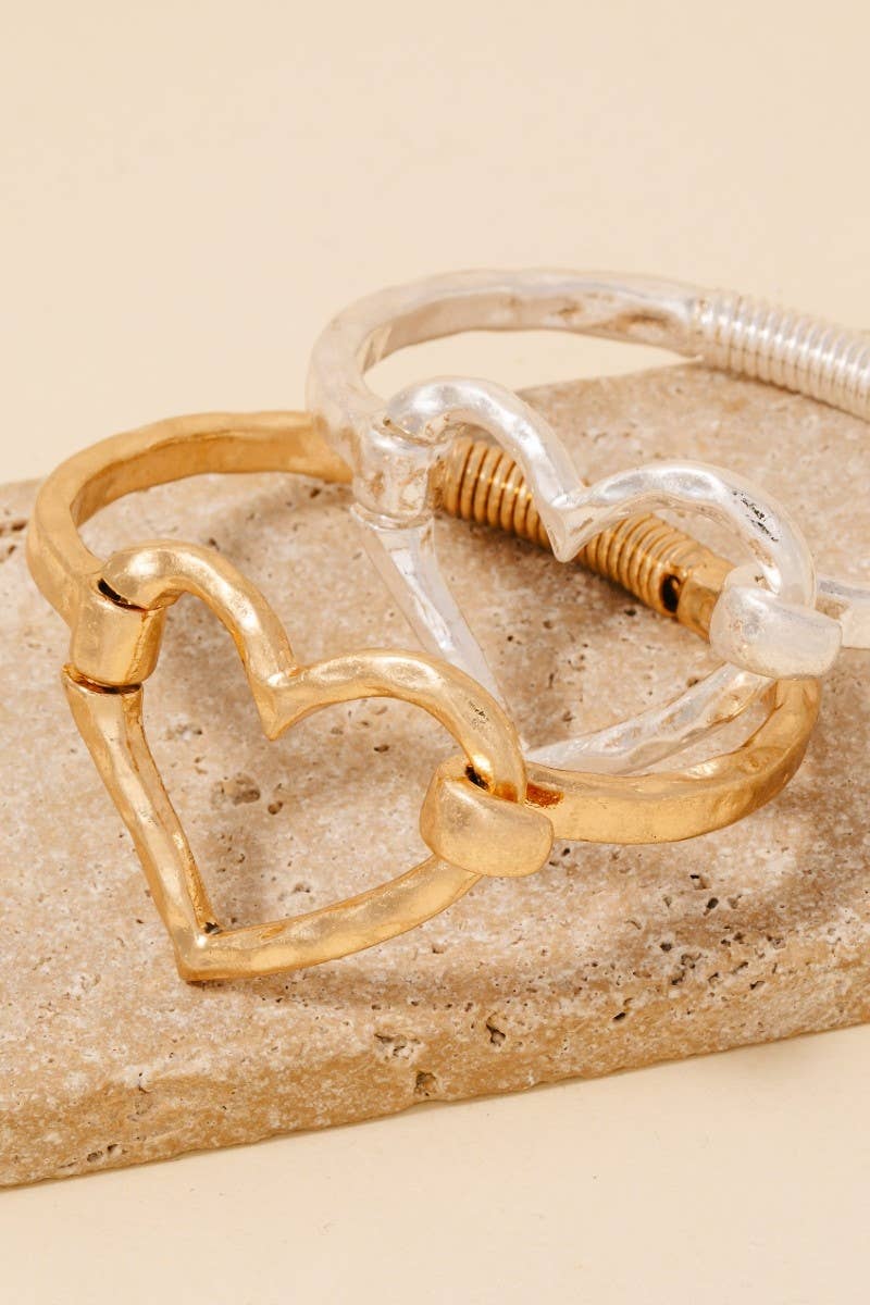 Hammered Heart Coil Spring Hook Bangle Bracelet: WG