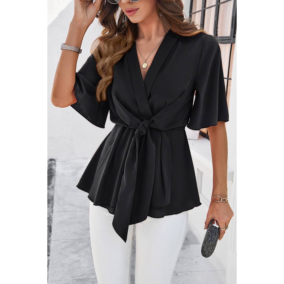 Wide Sleeve Deep V Knot Cross Ruffle Fit Blouse: BLUE / L