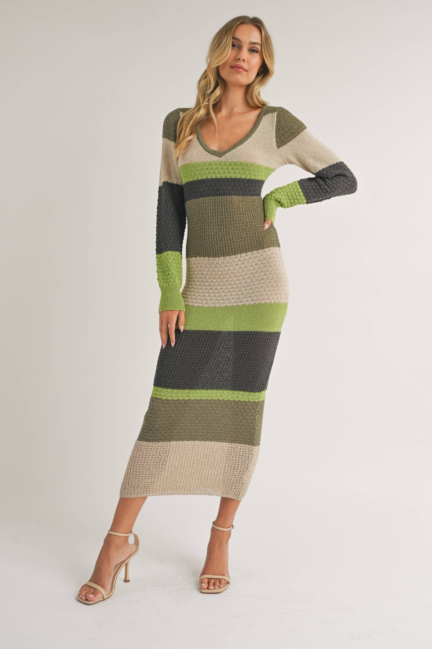 ID7261 - LONG SLEEVE COLORBLOCK SWEATER BODYCON MIDI DRESS: BROWN MULTI / M