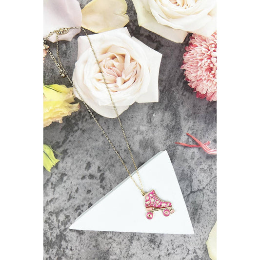 SHORT NECKLACE WITH  ROLLERSKATE ENAMEL PENDANT: PINK / ONE