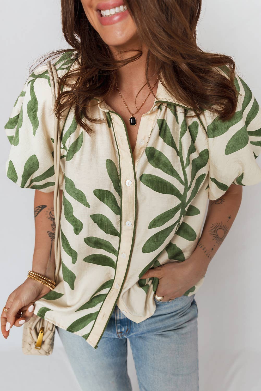 Green Leaf Print Short Balloon Sleeve Shirt | S-XL: Green / M