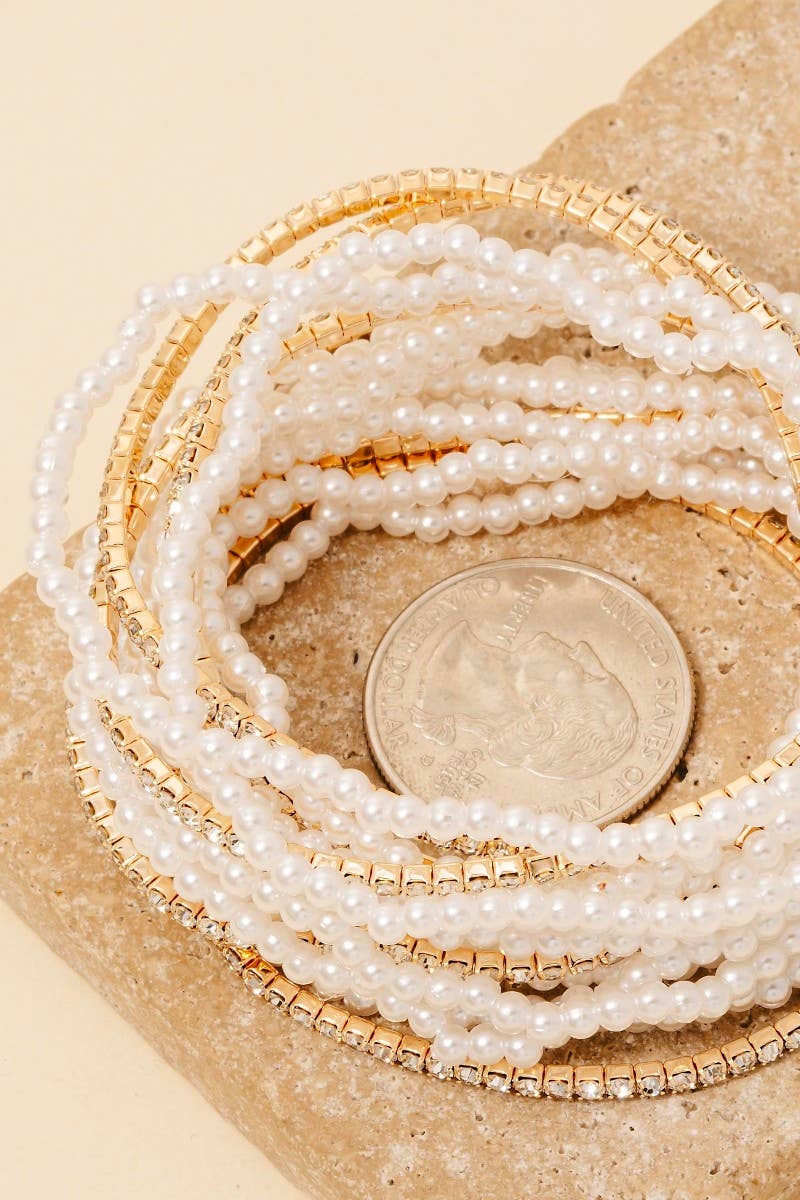 Rhinestone And Pearl Beaded Bracelet Set: G