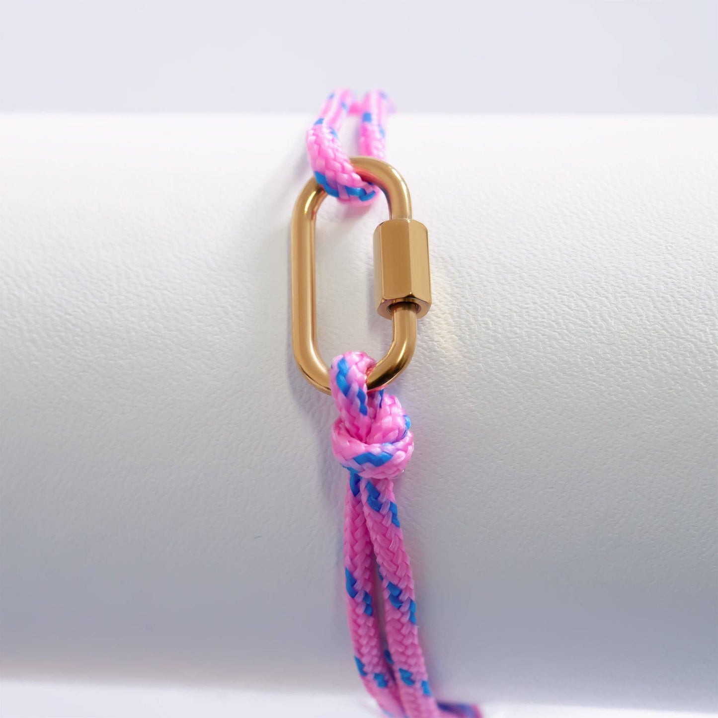 18KGold PVD Stainless Steel Hot Pink Rope Carabiner Bracelet: Gold