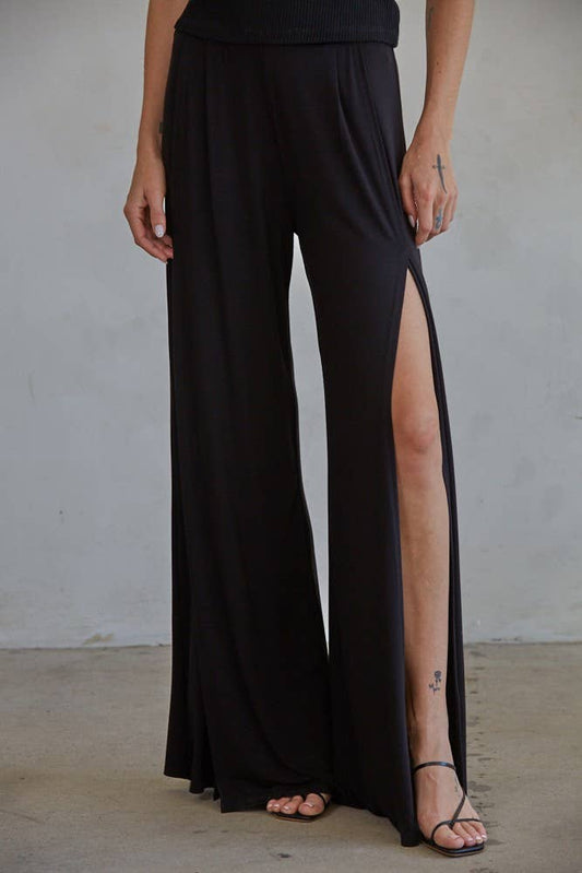 RJ3171 | High Waisted Split Wide Leg Pants: Black / L