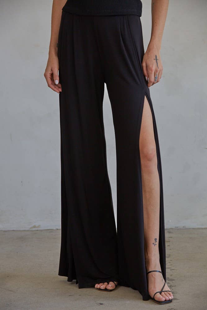 RJ3171 | High Waisted Split Wide Leg Pants: Black / S