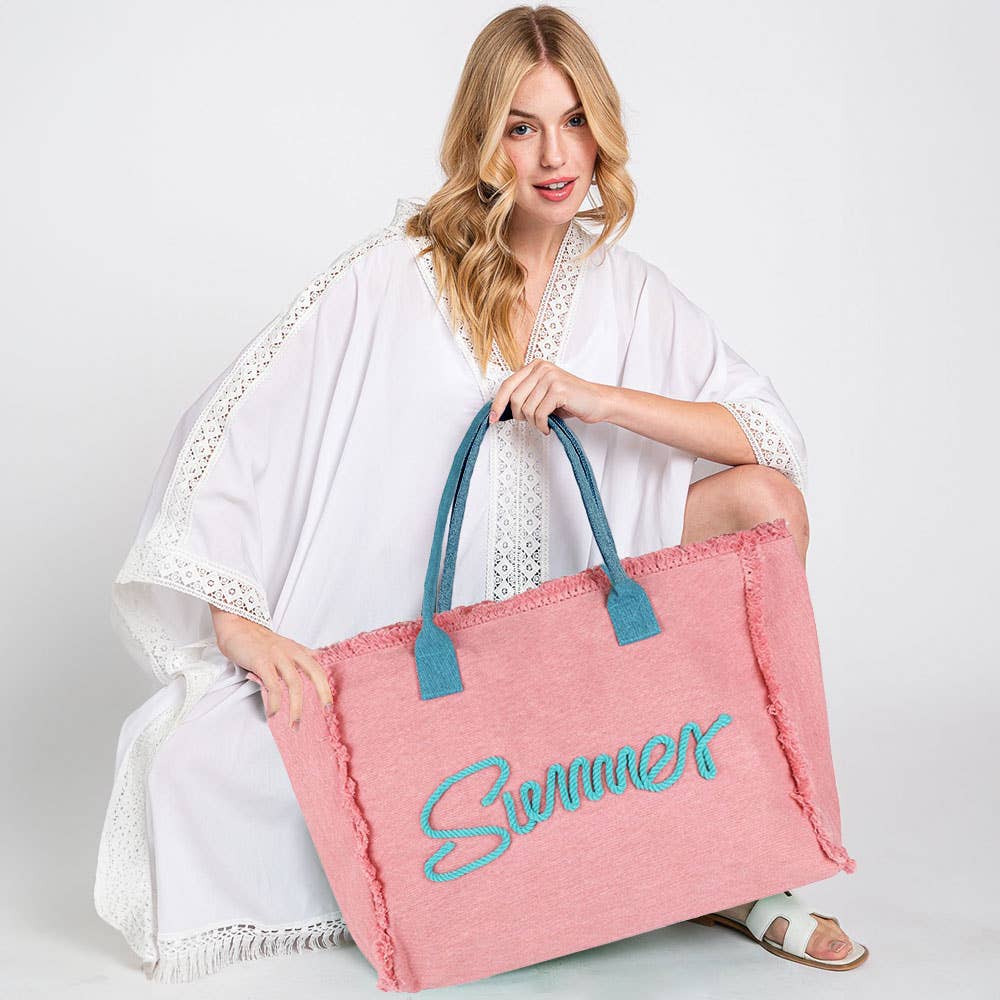 SUMMER Message Embroidered Fringe Canvas Tote Beach Bag: Blue
