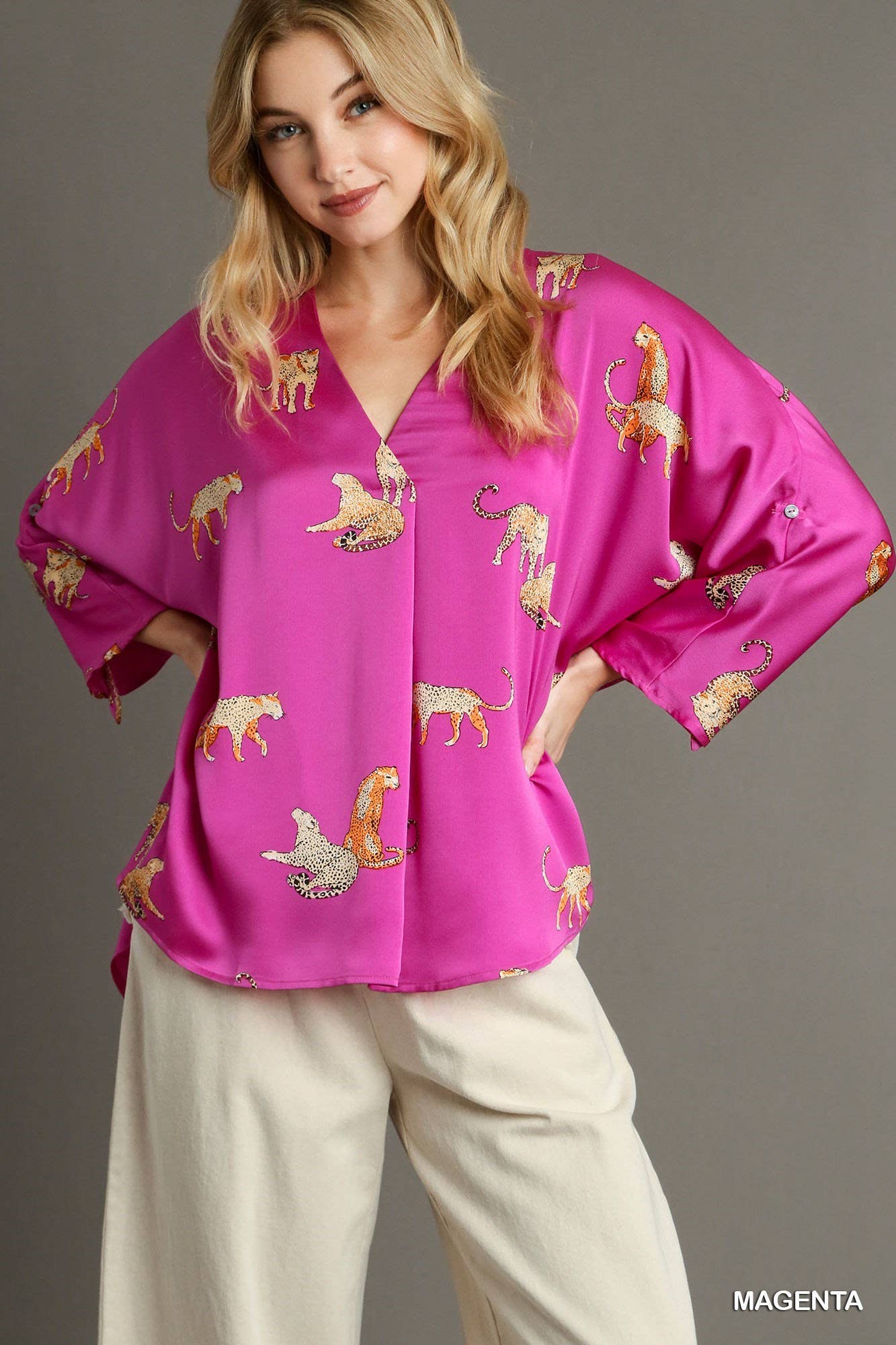 Satin Animal Print V-neck Front Pleated Top: ROYAL