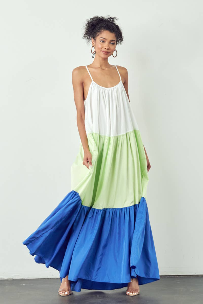 COLOR BLOCK MAXI DRESS WITH POCKETS: YELLOW/PINK
