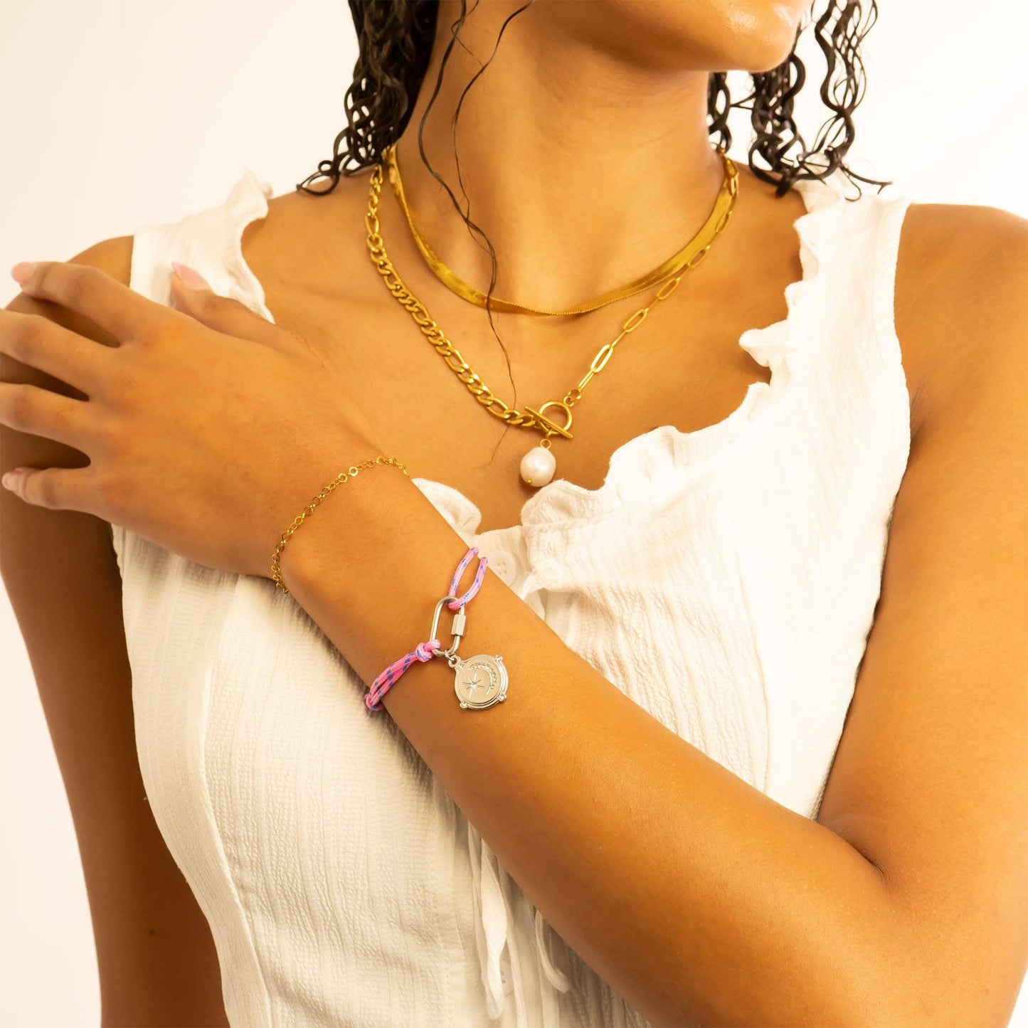 18KGold PVD Stainless Steel Hot Pink Rope Carabiner Bracelet: Gold