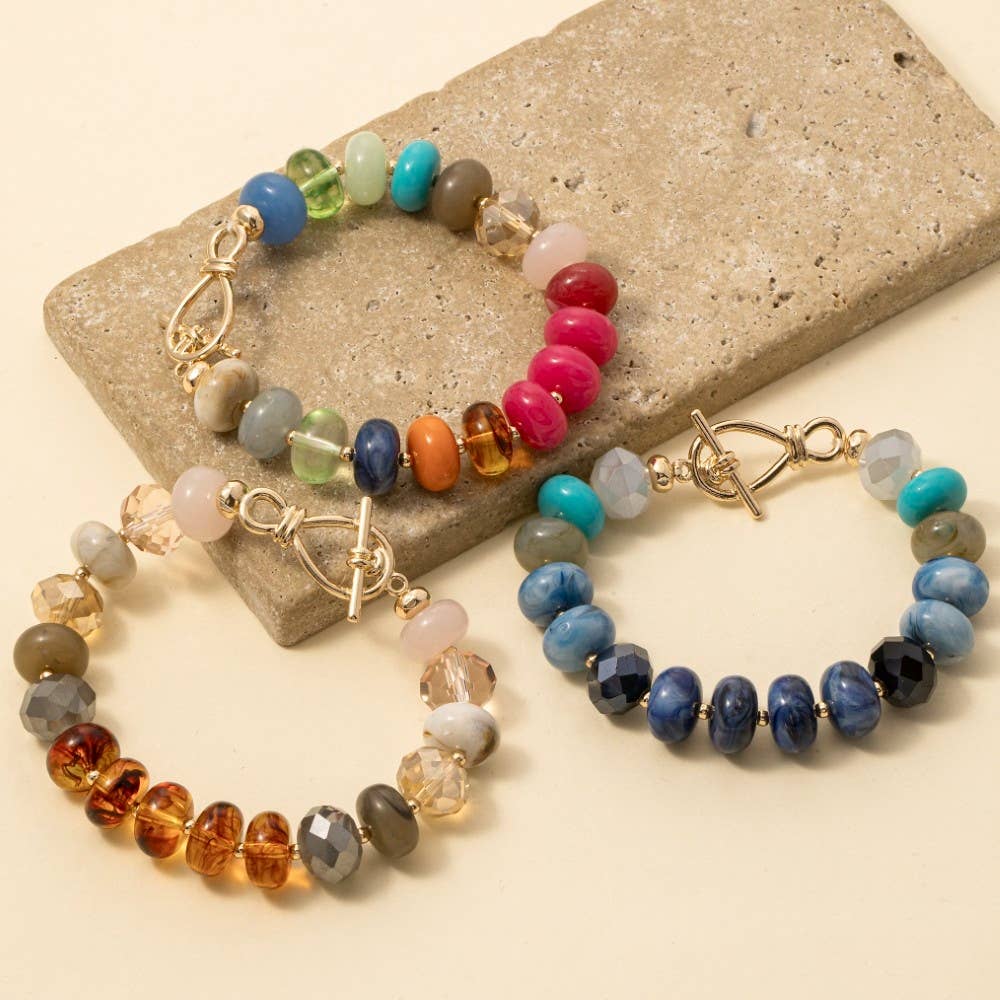 Mixed Faceted And Marble Resin Disc Beaded Toggle Bracelet: BL