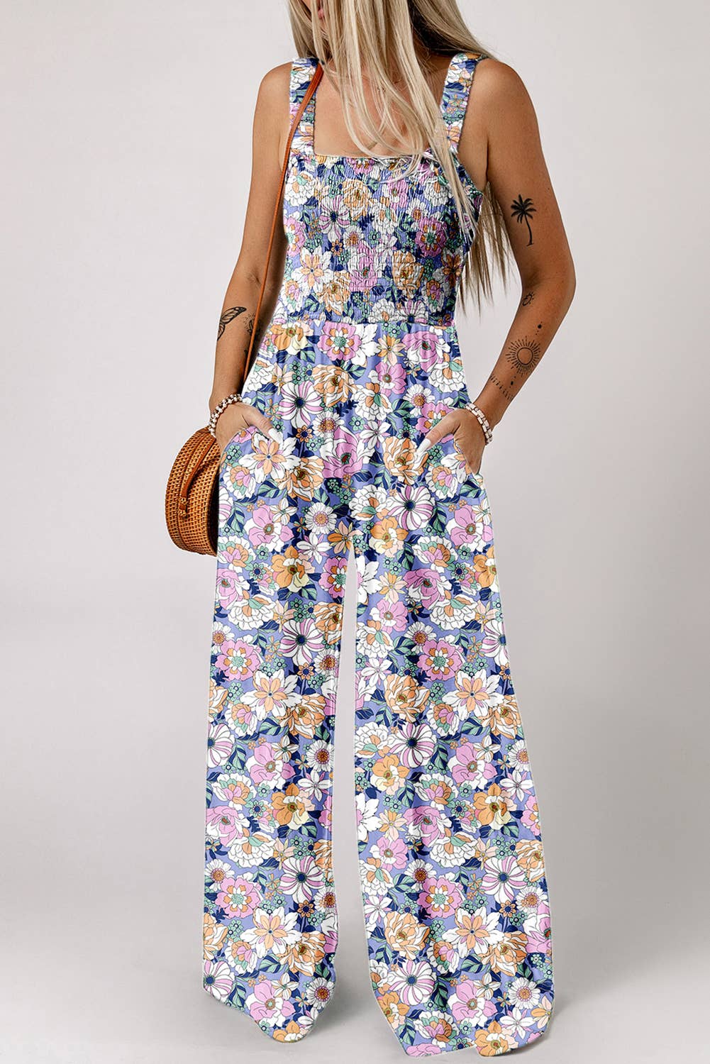 Floral Print Smocked High Waist Fashion Jumpsuit | S-XL: Green / Missy / M