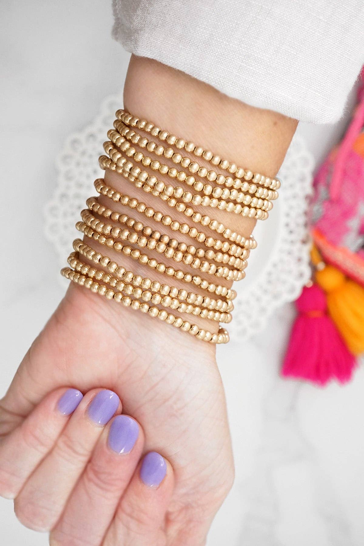 Bracelet stack Small Worn Gold Glass beads Pink Mint Denim: Denim Blue