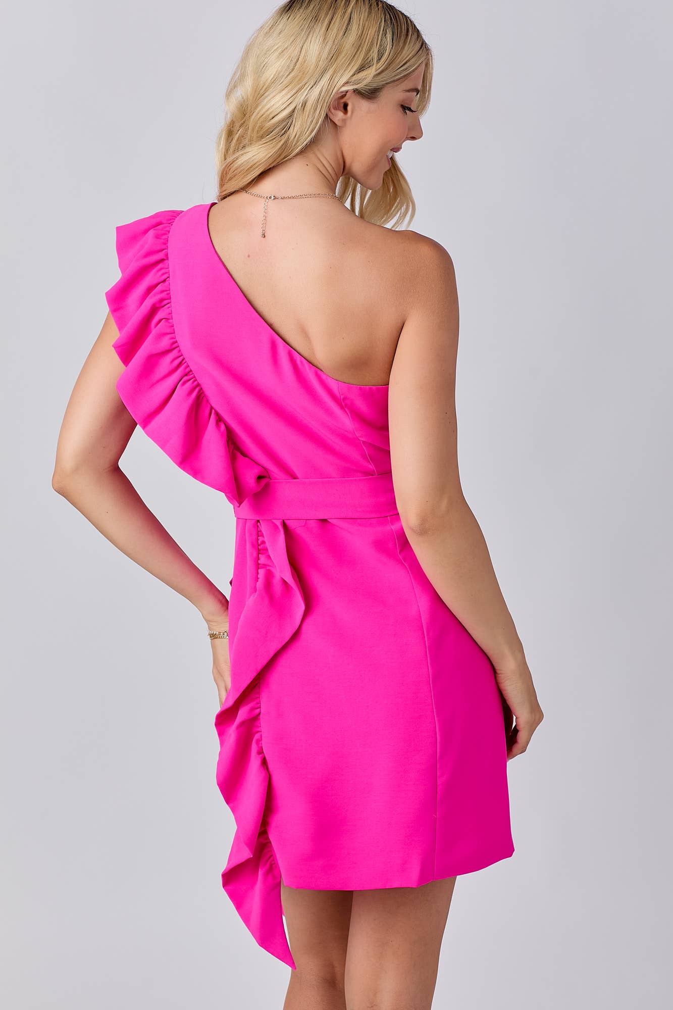 One Shoulder Ruffle Mini Dress with Belt: PINK / L