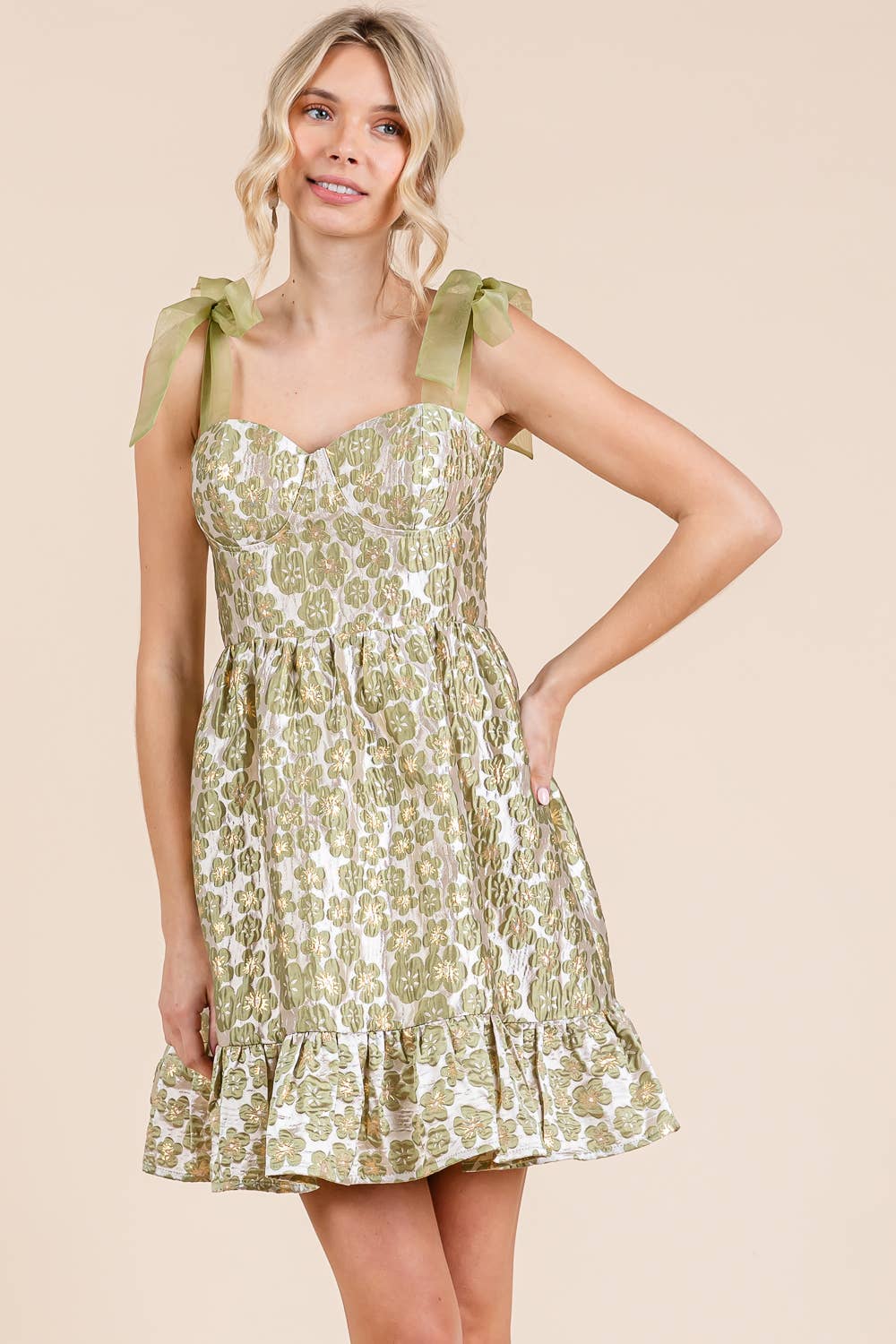 Floral Jacquard Tiered Mini Sundress, MD51647: Sage / S