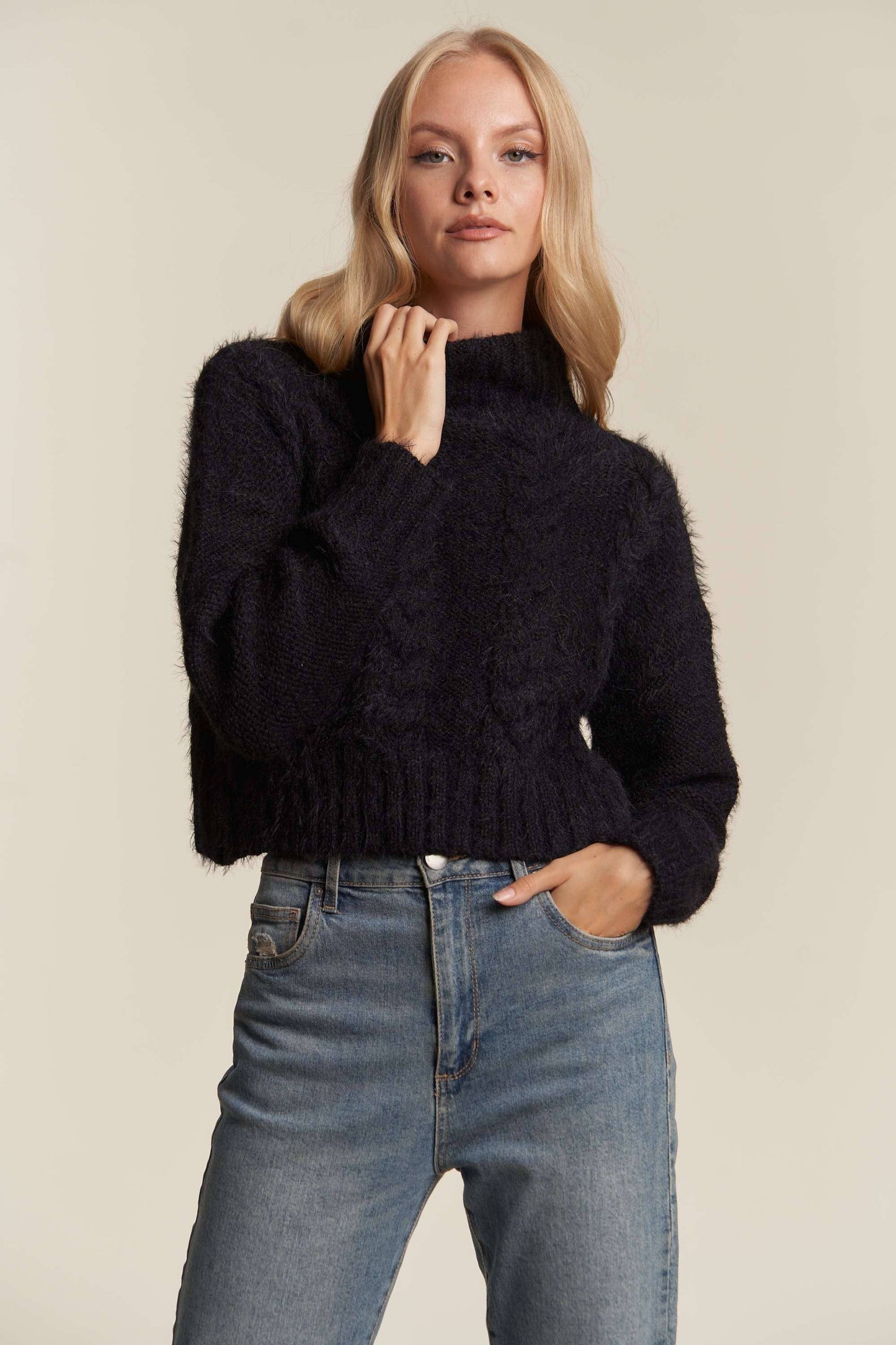 FUZZY FUR  LONGSLV TURTLE NECK CABLE KNIT SWEATER: BLACK / L