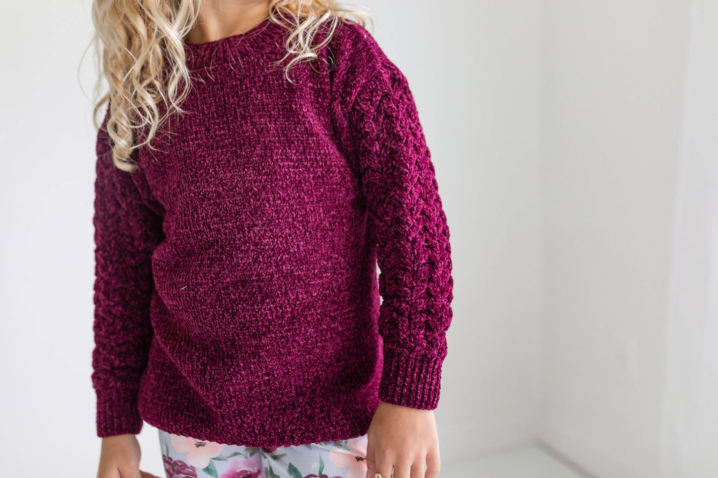 Kids Long Sleeve Plum Sweater & Sage Floral Bell Bottom Set: 7/8