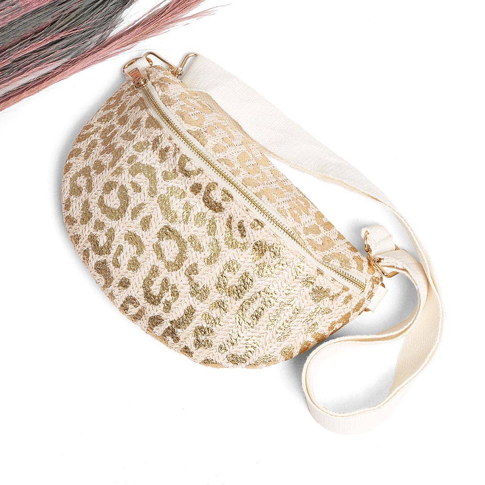 Leopard Pattern Embroidered Crossbody Belt Bag / Fanny Pack: Black