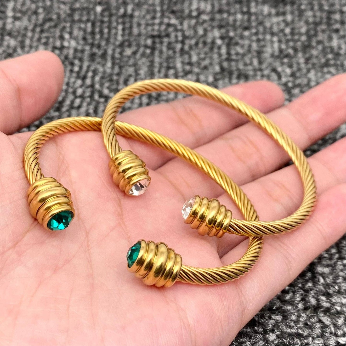 Inlaid Zircon18K Gold Plated SS Spiral Cuff - FGS: Green