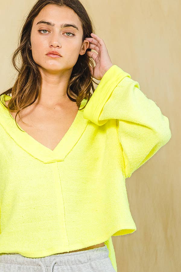 T2240 Cutout Back Adjustable Tie Pullover Crop Top: NEON YELLOW / S-M-L (2-2-2)