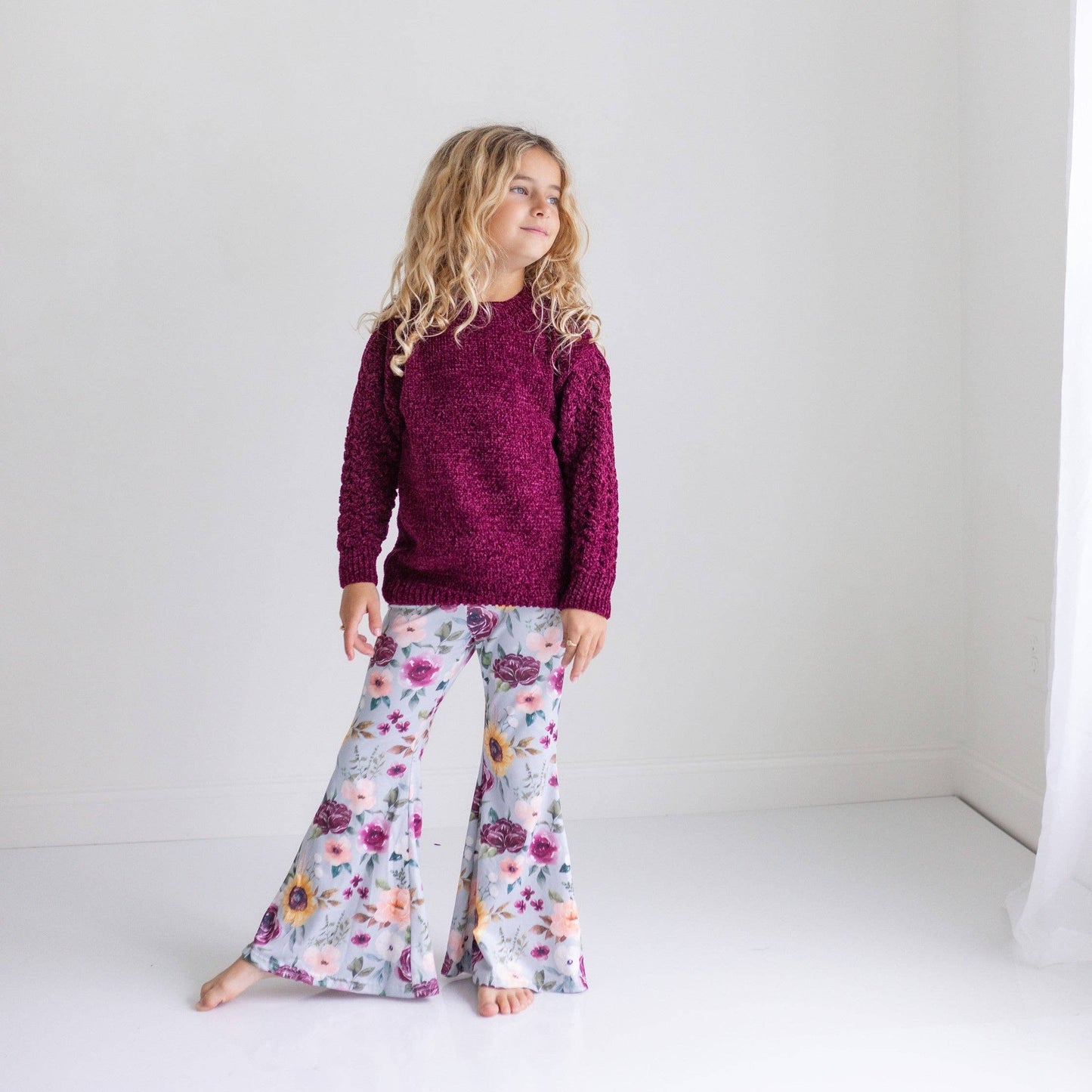 Kids Long Sleeve Plum Sweater & Sage Floral Bell Bottom Set: 5/6