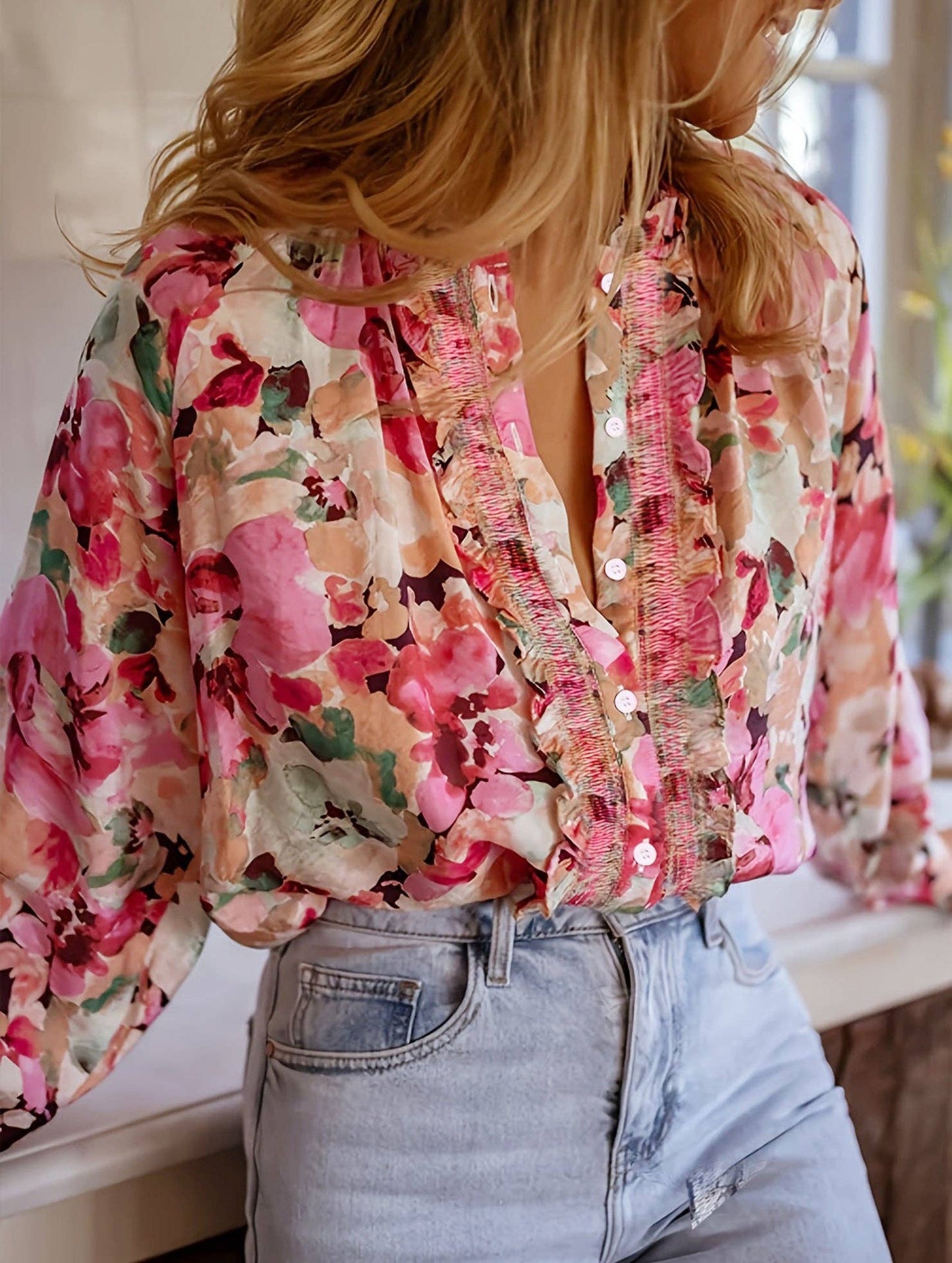 Loose lazy style printed crew neck shirt: Pink / (M) 1