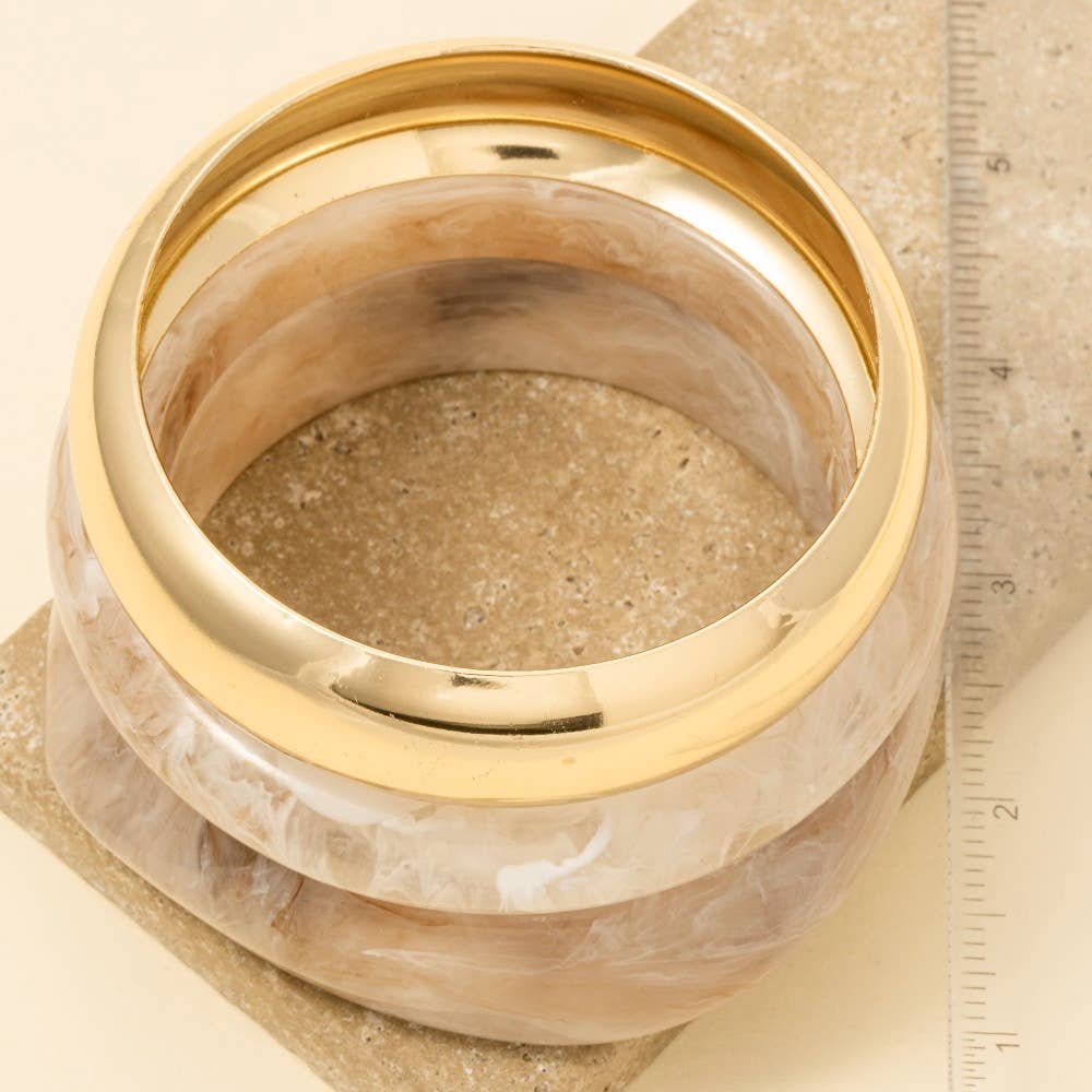 3 Piece Metallic And Marble Resin Bangle Bracelet Set: BR
