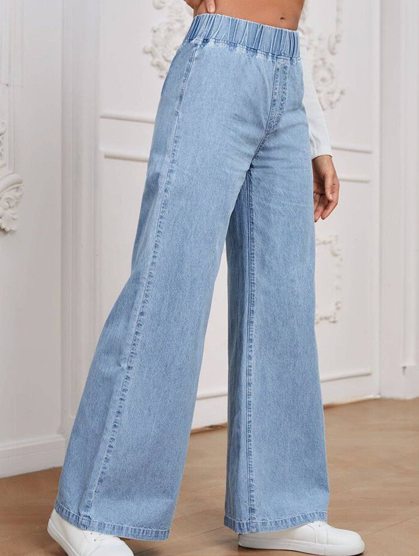 Wide-leg plus-size elastic waist jeans: DARKBLUE / (L) 1