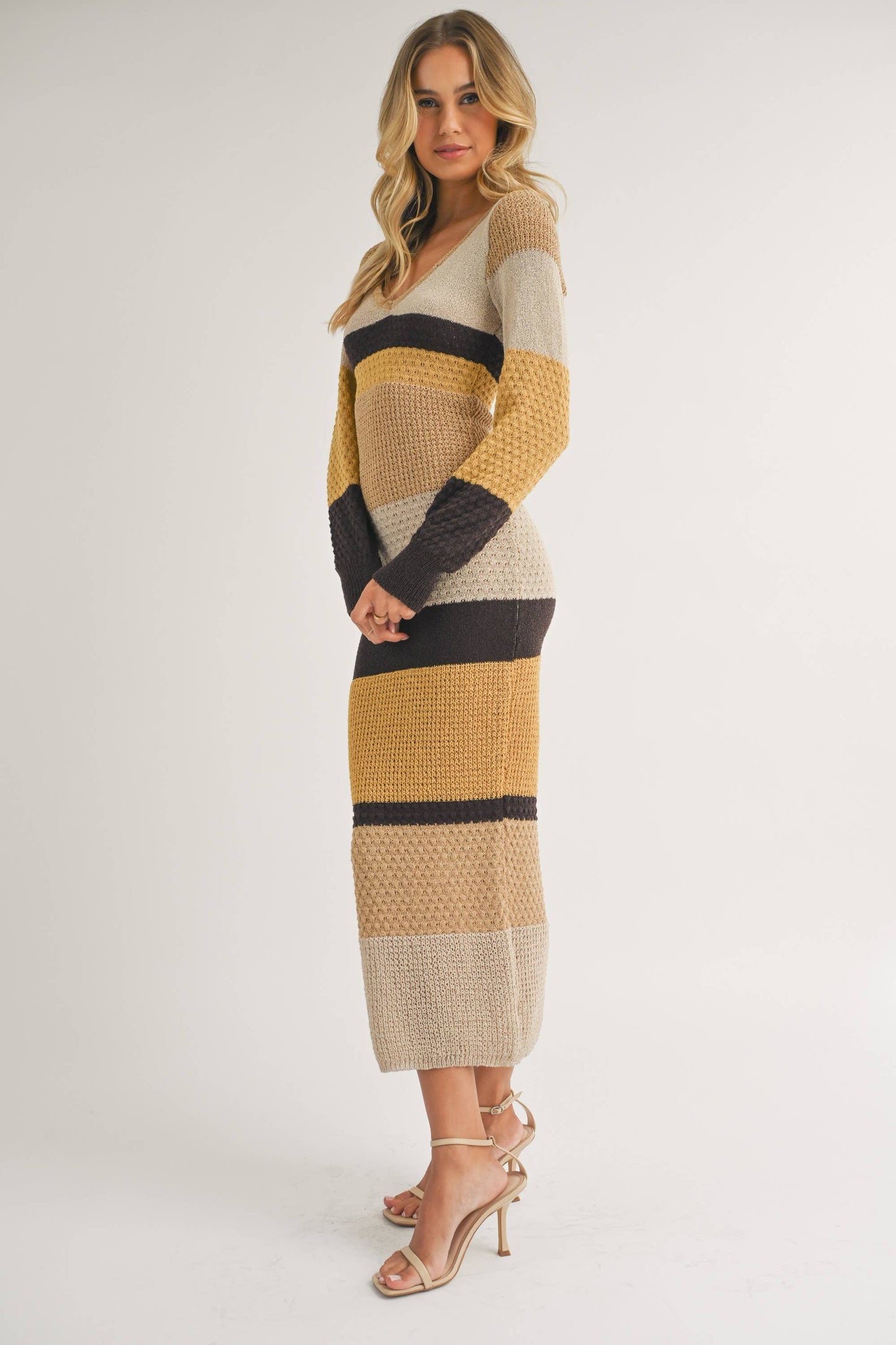 ID7261 - LONG SLEEVE COLORBLOCK SWEATER BODYCON MIDI DRESS: BROWN MULTI / S