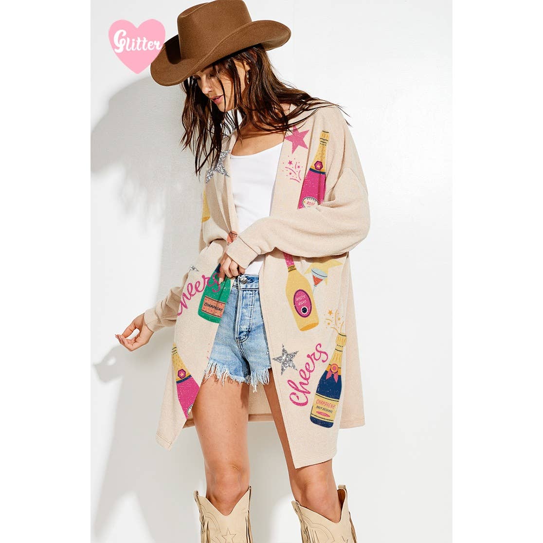 Holiday Cheers Glitter print Knit Cardigan: KHAKI / S