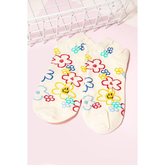Ivory Floral Outline Print Low Rise Socks: IVORY