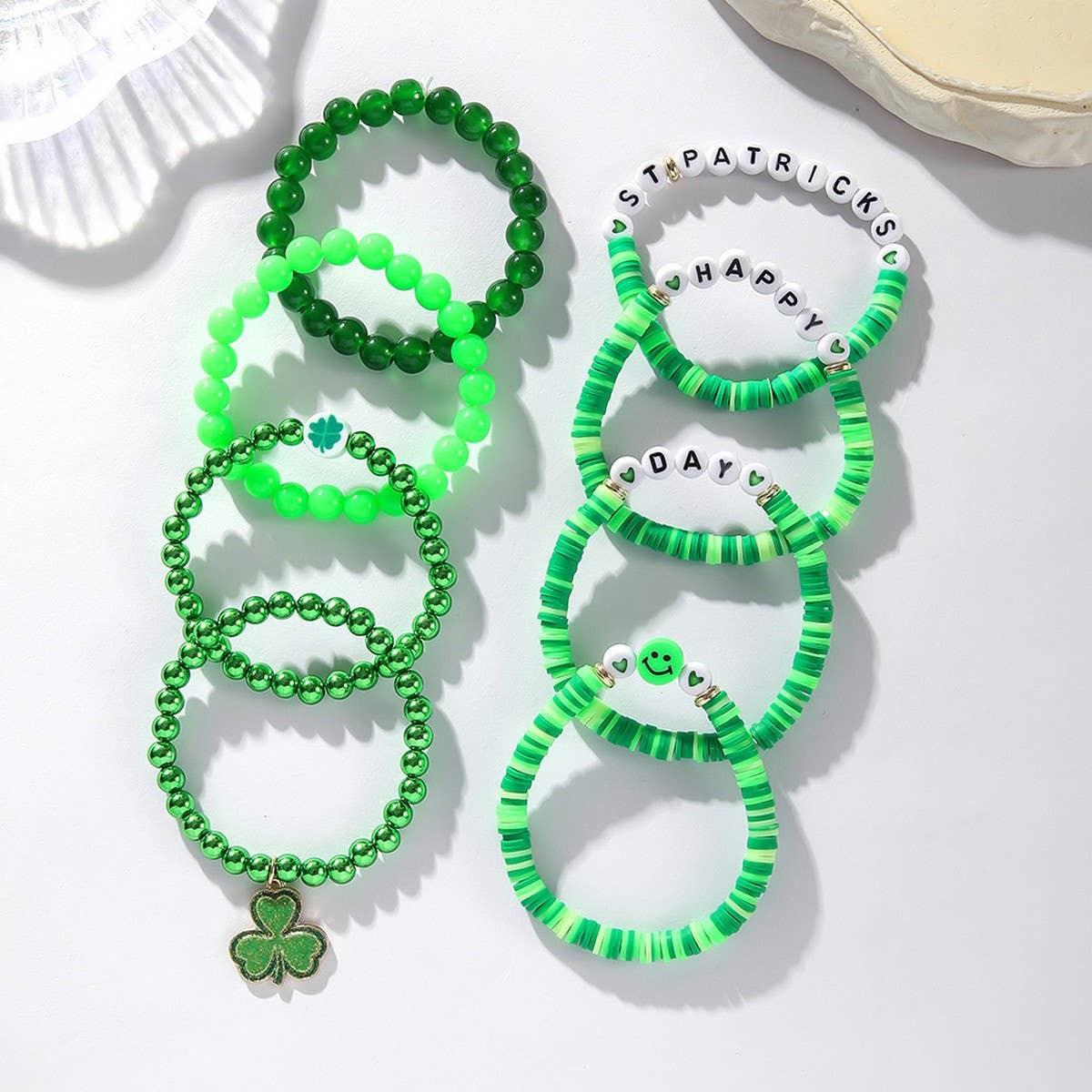 ST PATRICKS DAY BEADED LUCKY BRACELET SET_CWMM3503: Green / OS