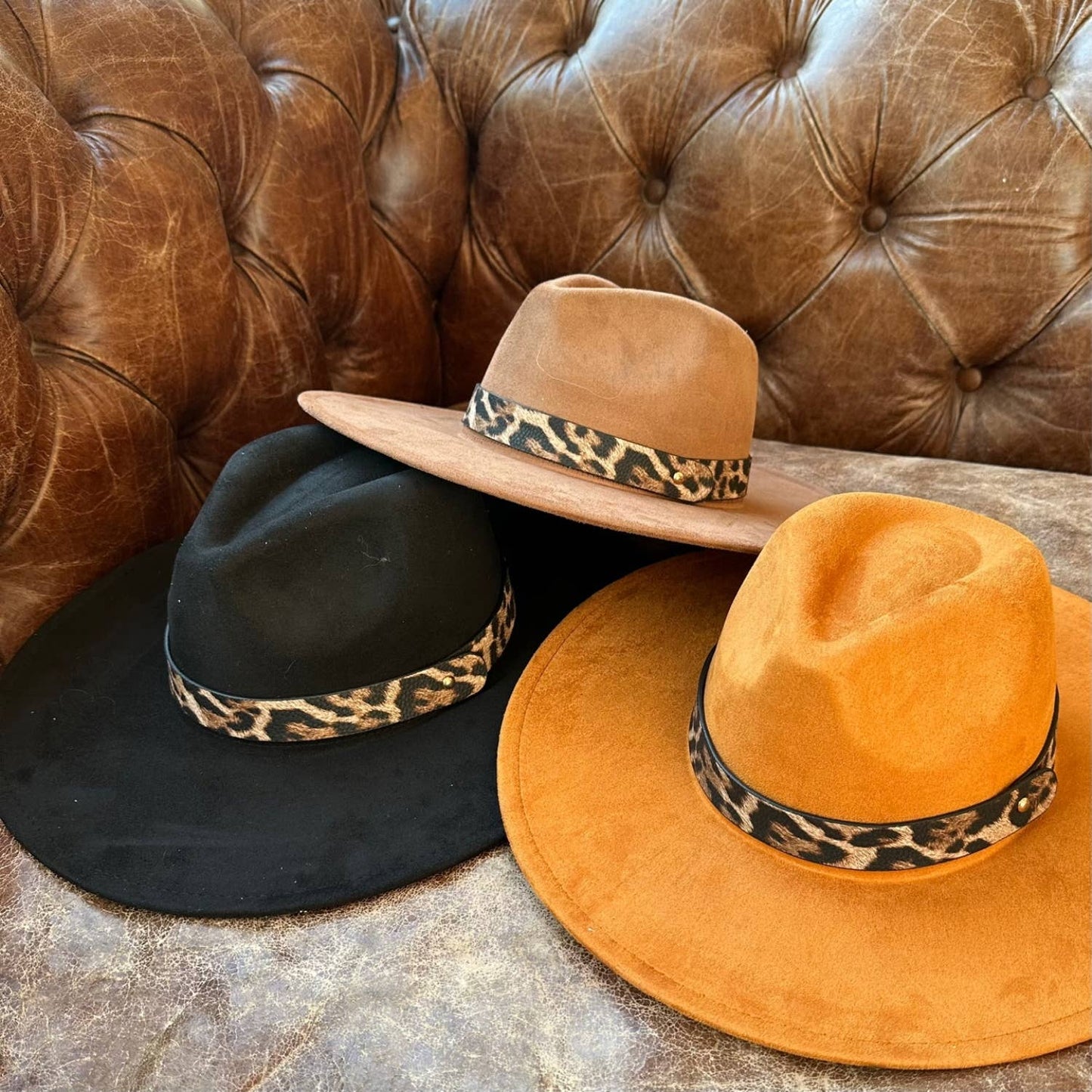 Wide Brim Suede Hat W/ Leopard printed belt: SAGE / ONE SIZE