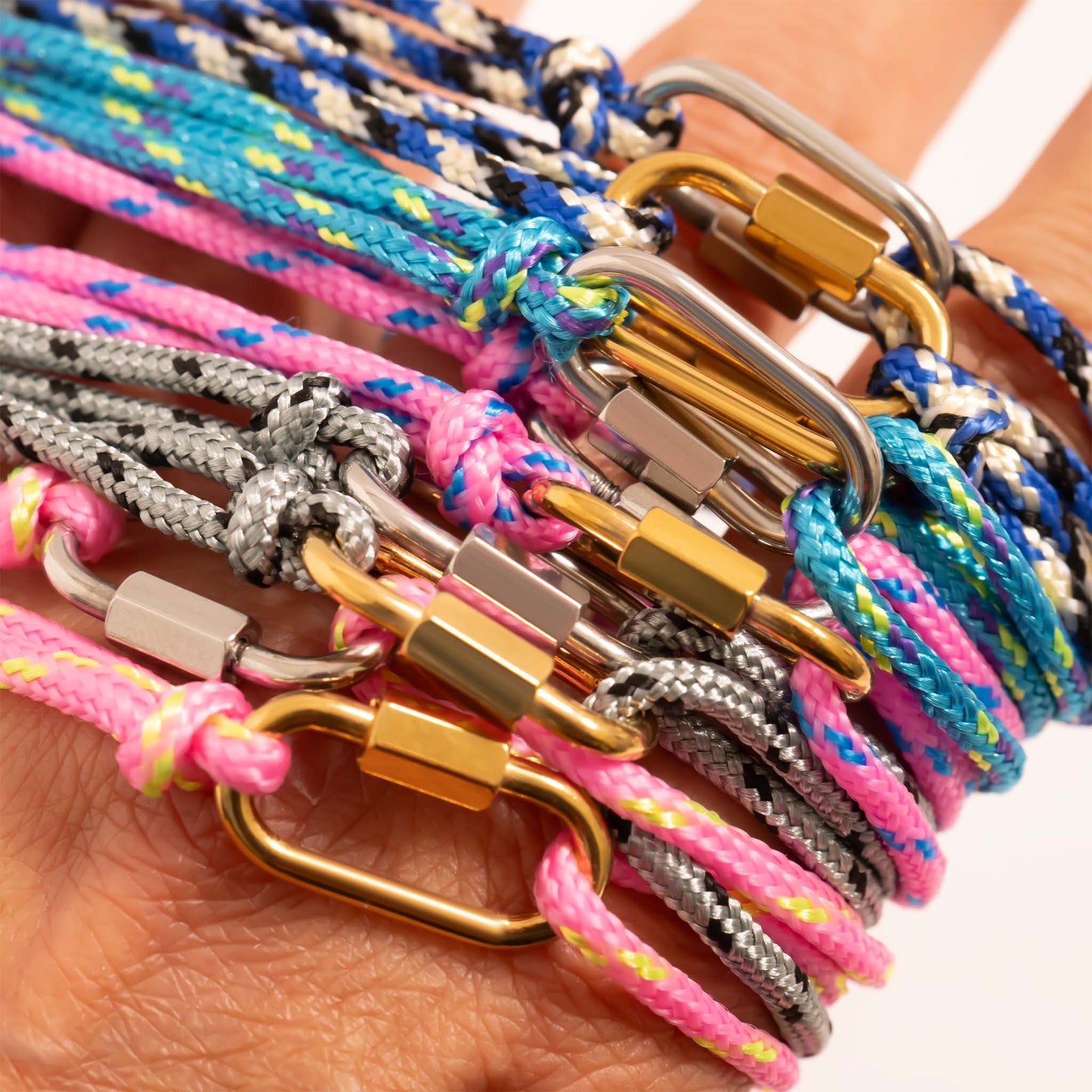 18KGold PVD Stainless Steel Hot Pink Rope Carabiner Bracelet: Gold