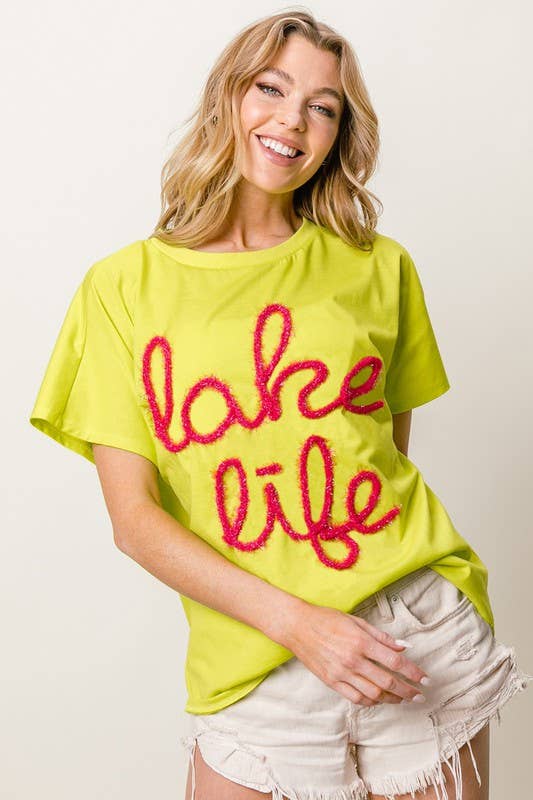 Metallic Letter Short Dolman Sleeve Top: TURQUOISE / 2-2-2-2 (S-M-L-XL)