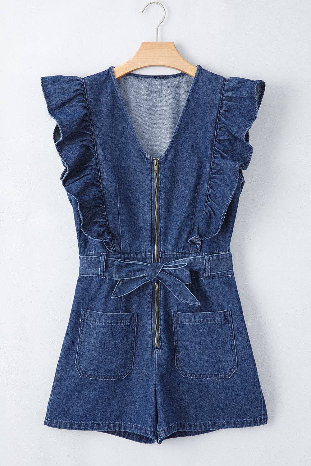 Denim Ruffle Belted Zip-Up Romper: Sail Blue / M