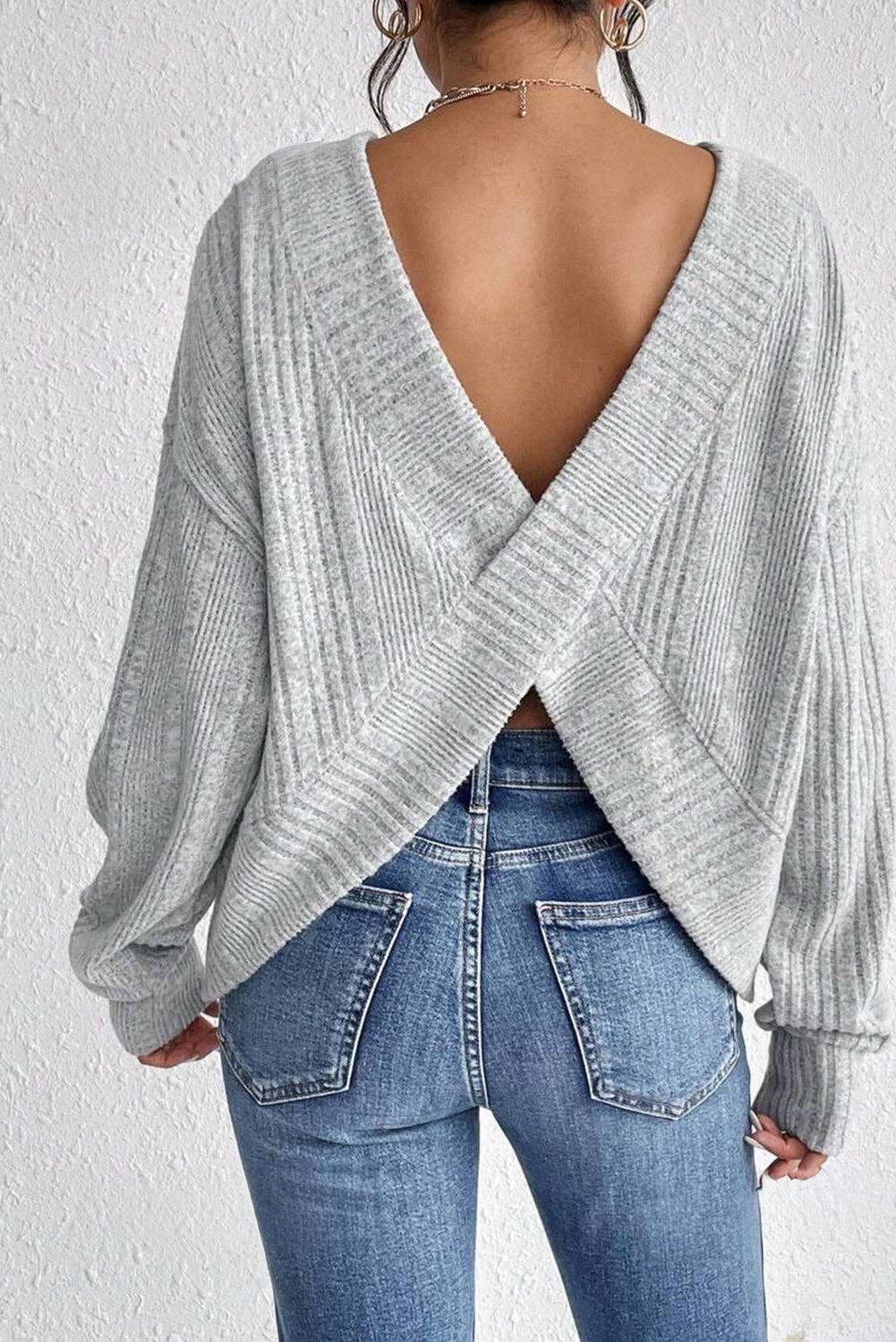 Textured Backless Long Sleeve Top: Light Grey / L