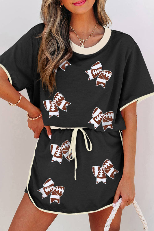 LDC Sequin Rugby Football Patched Colorblock Tee and Skorts: Black / S