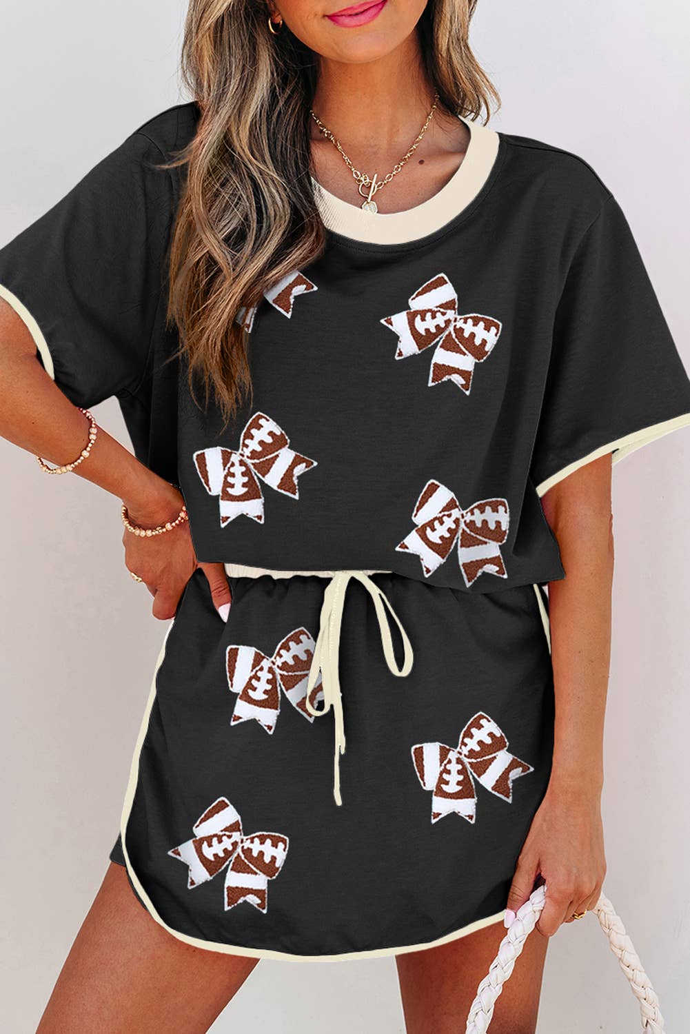 LDC Sequin Rugby Football Patched Colorblock Tee and Skorts: Black / M