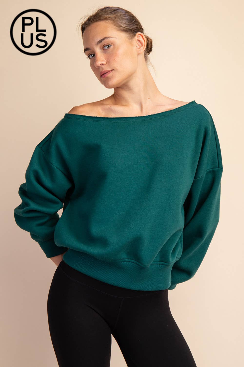 PLUS SIZE FRENCH TERRY FLEECE OFF SHOULDER SWEATSHIRT: Eucalyptus / 1X-2X-3X(3-2-1)