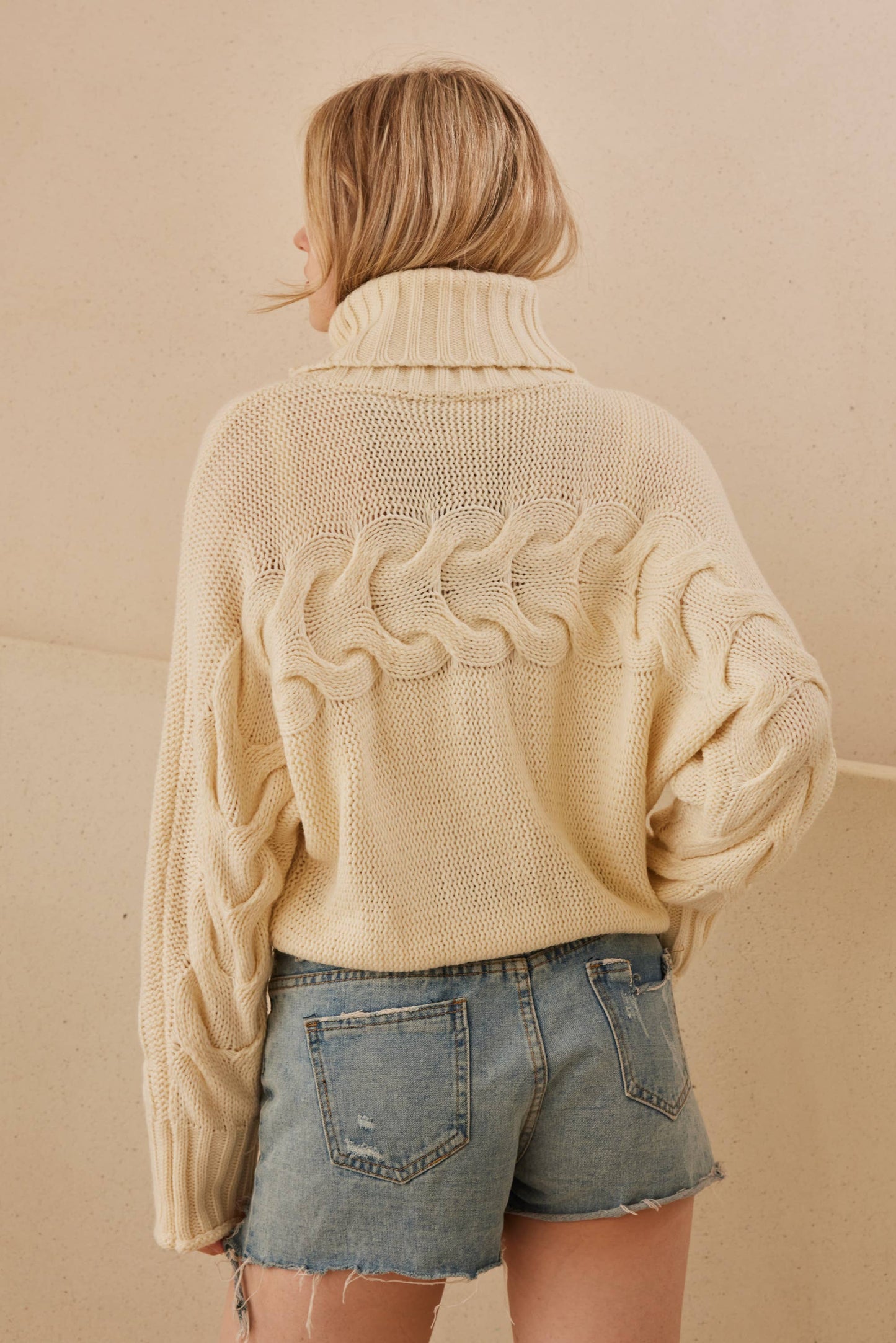 Turtle Neck Cropped Knit Sweater: Ivory / L
