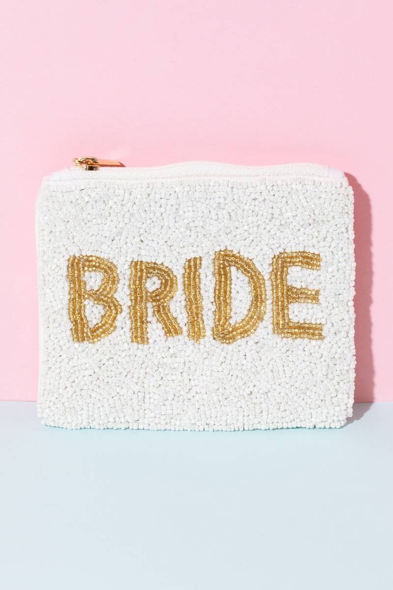 Gold Bride Print White Beaded Coin Purse: MULTI
