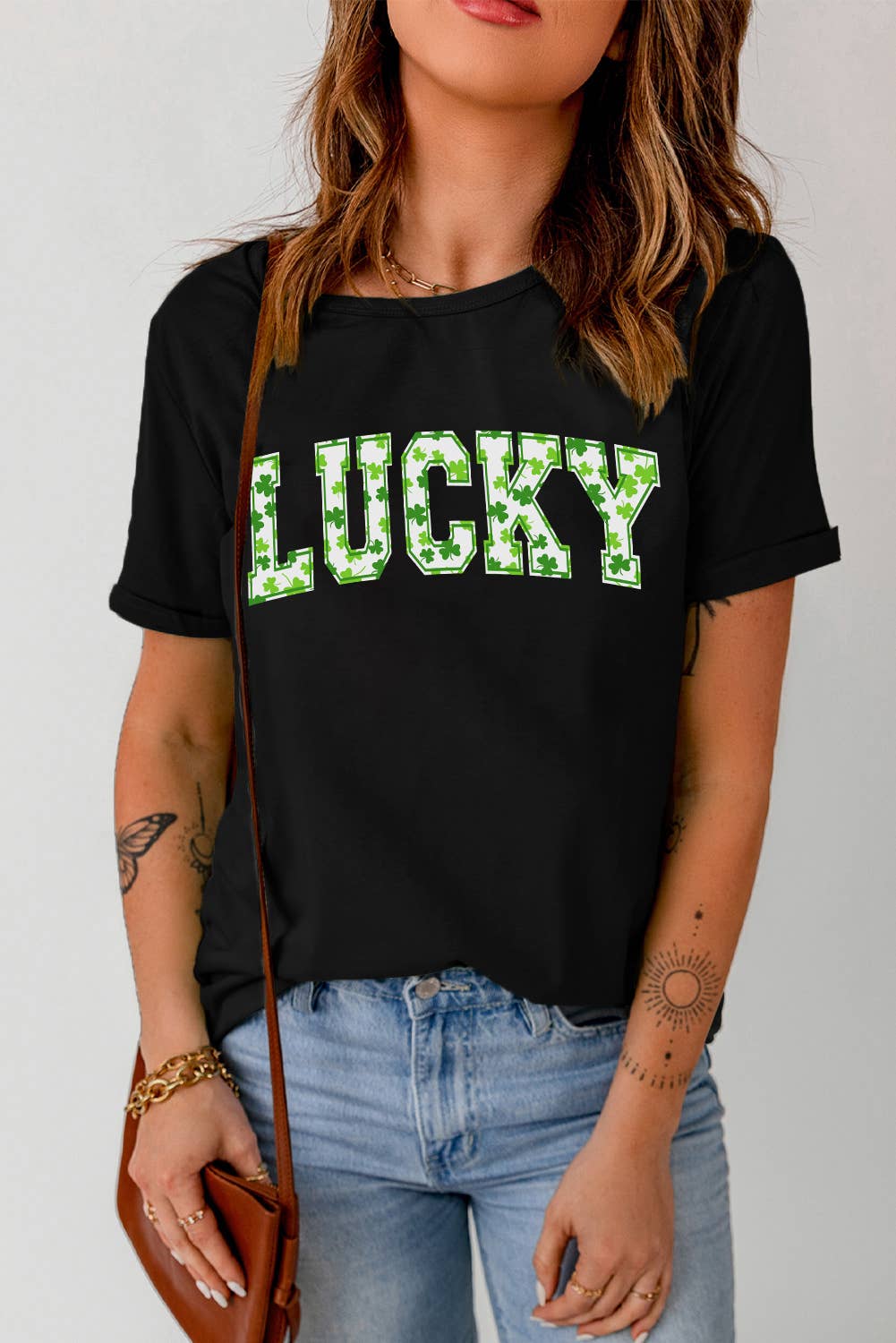 LDC Clover LUCKY Letter Graphic St Patricks Day T Shirt: Black / S