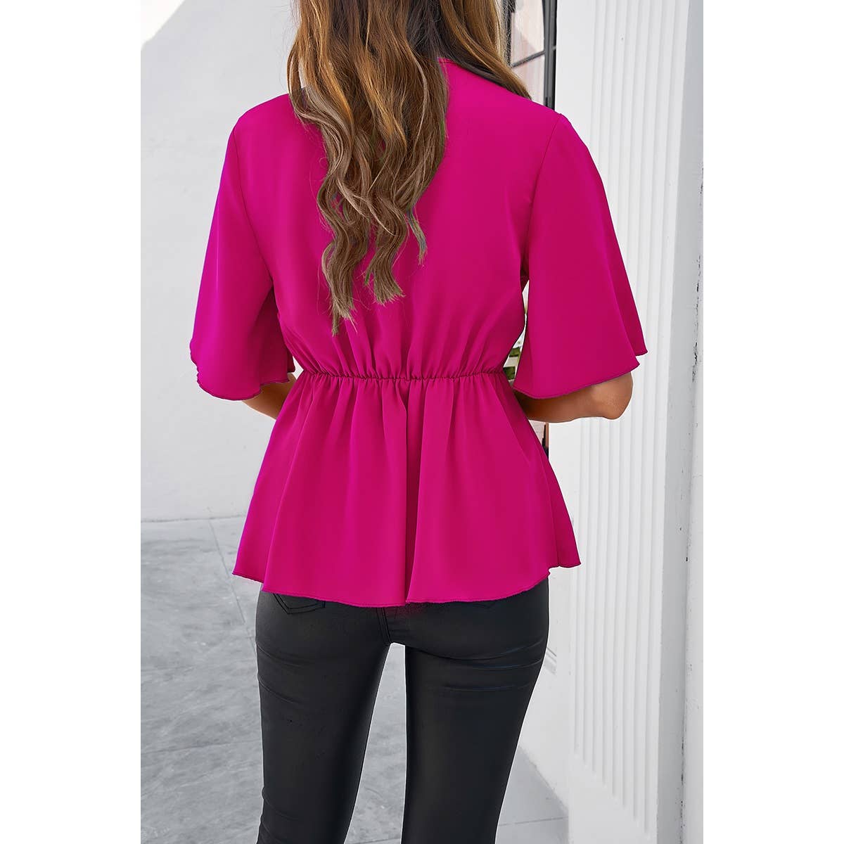 Wide Sleeve Deep V Knot Cross Ruffle Fit Blouse: BLUE / S