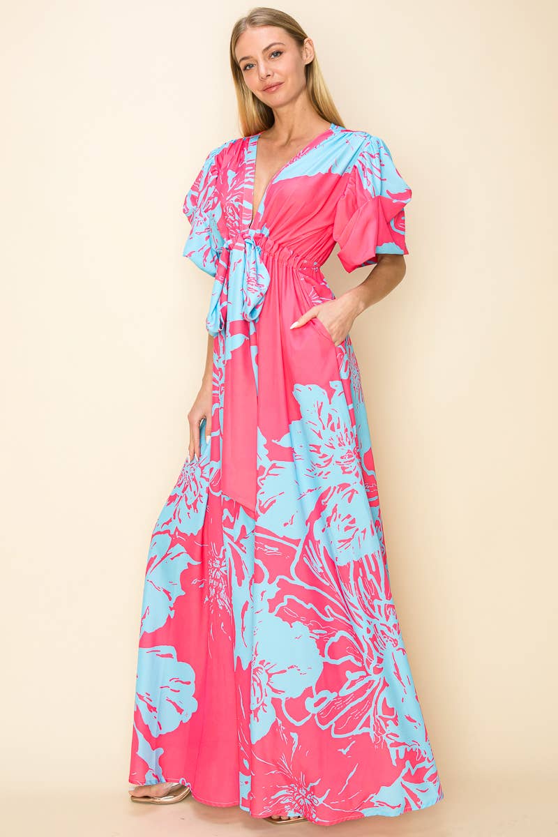 PRINTED V NECK MAXI DRESS WITH POCKETS